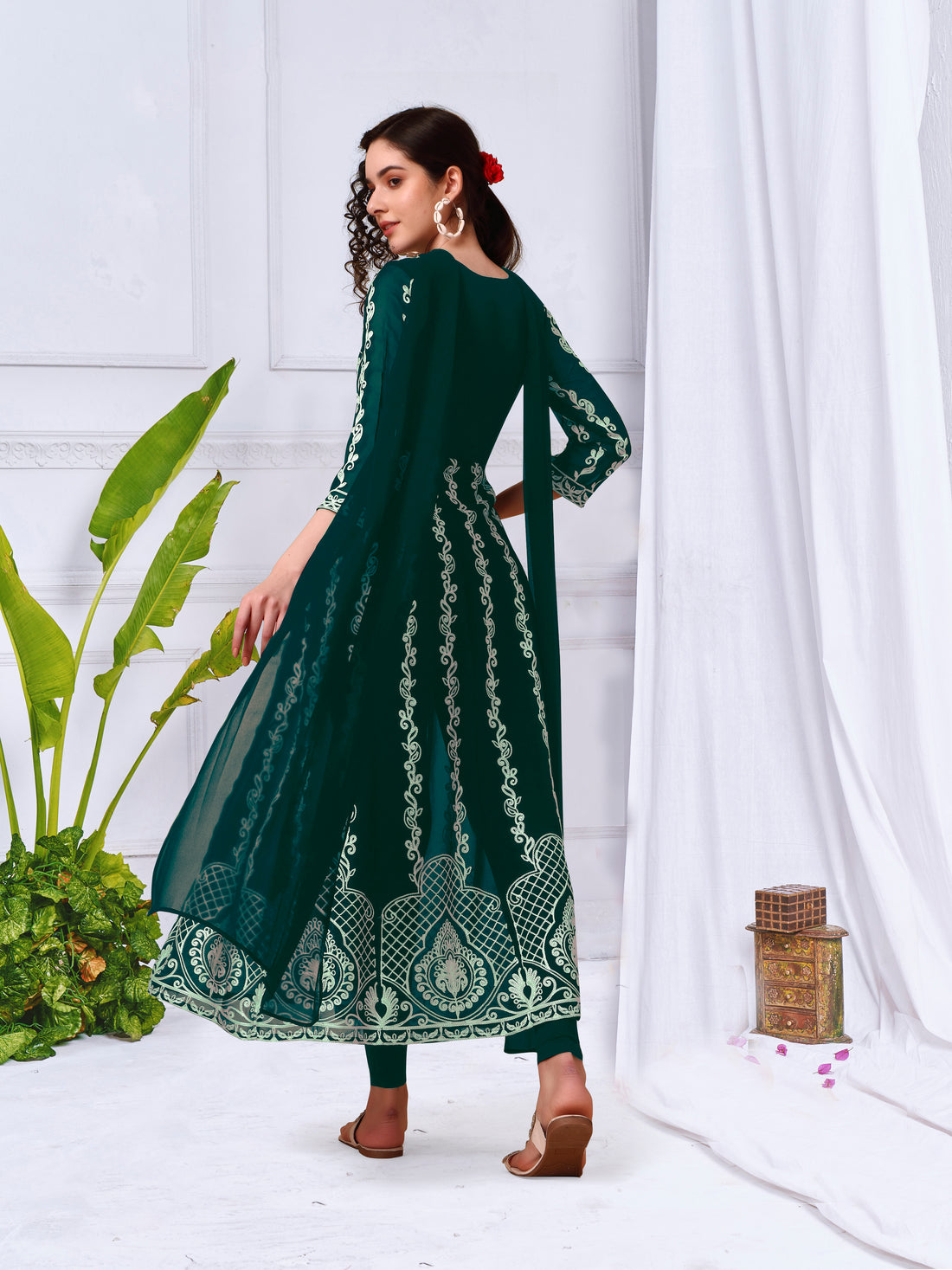 Rama Green Georgette Chikankari Embroidery Anarkali Kurta and Dupatta Set