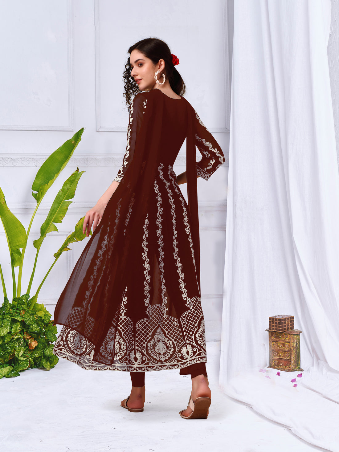 Rust Georgette Chikankari Embroidery Anarkali Kurta and Dupatta Set