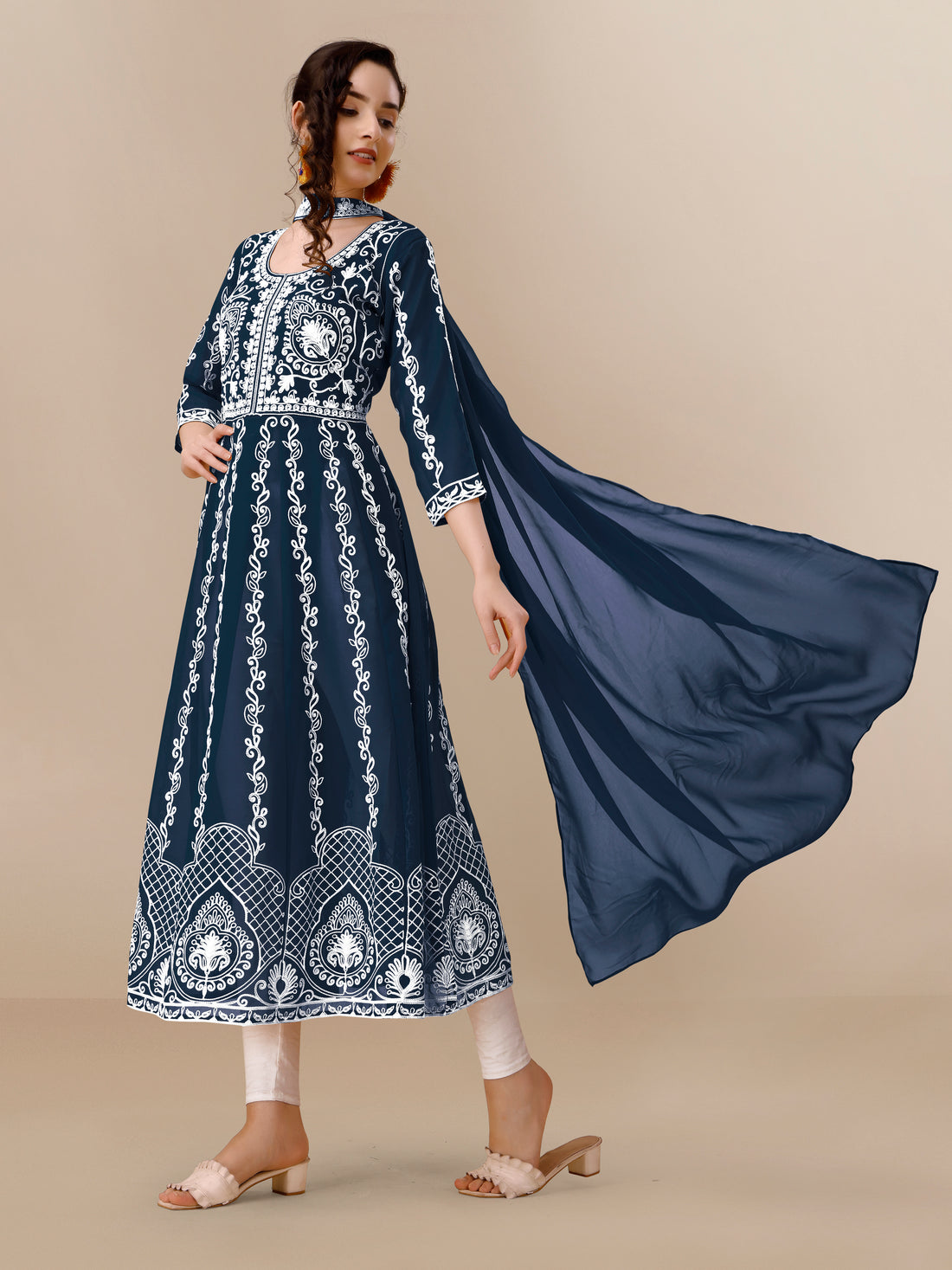 Teal Blue Teal Blue Georgette Chikankari Embroidery Anarkali Kurta and Dupatta Set