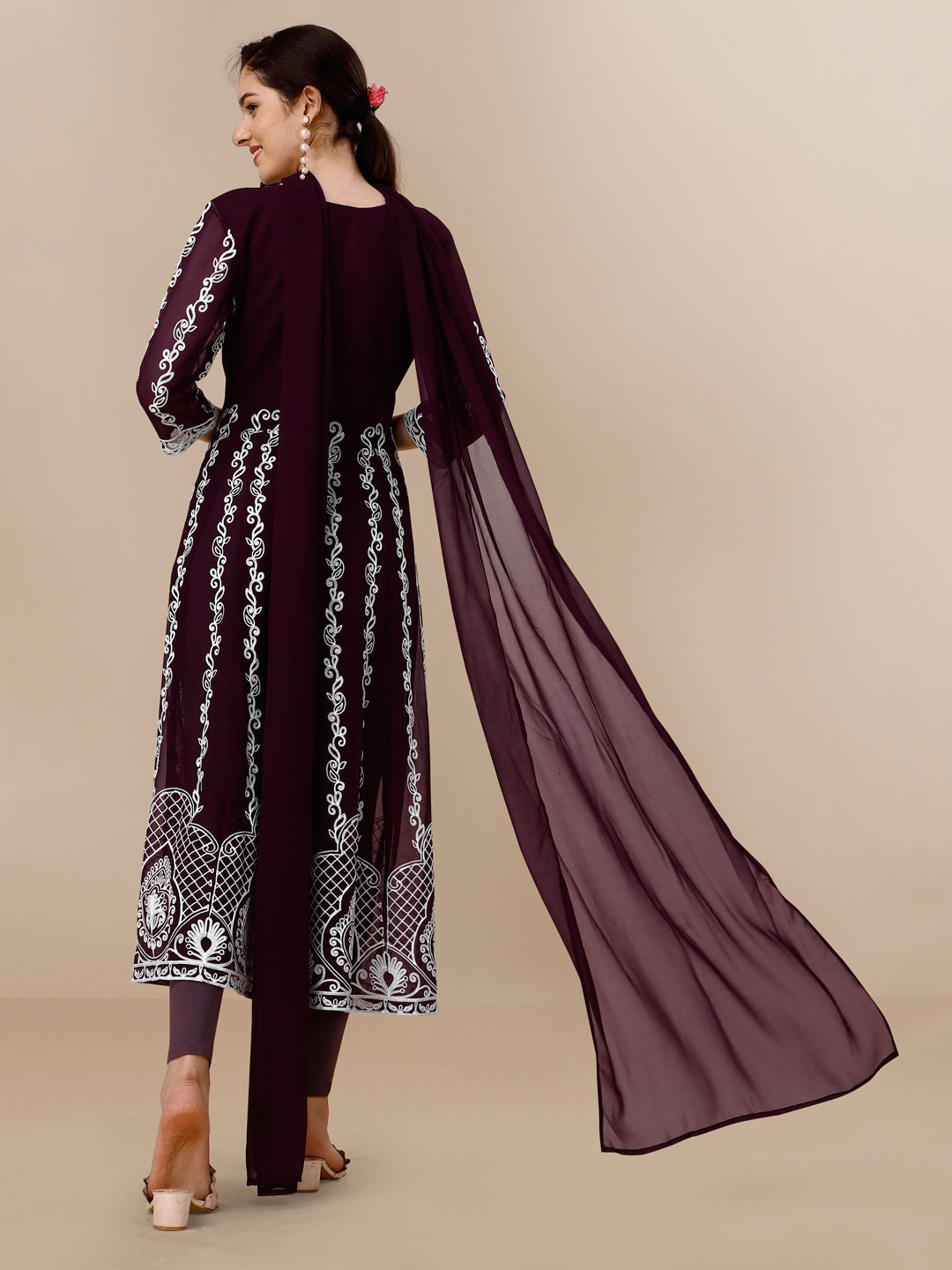 Wine Georgette Chikankari Embroidery Anarkali Kurta and Dupatta Set