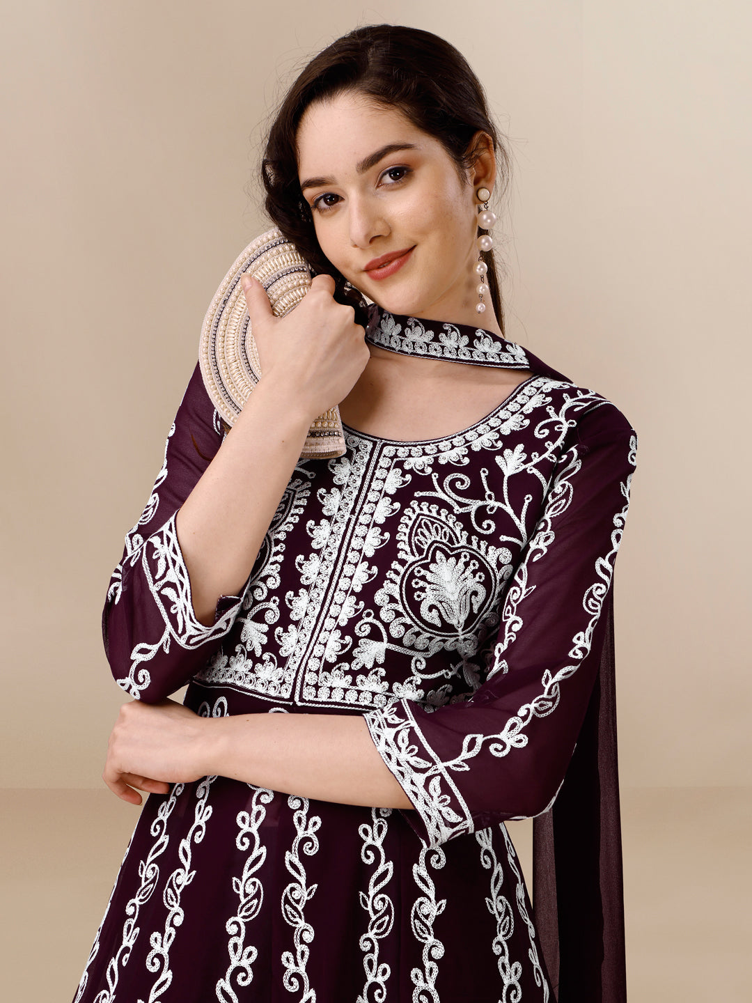 Wine Georgette Chikankari Embroidery Anarkali Kurta and Dupatta Set