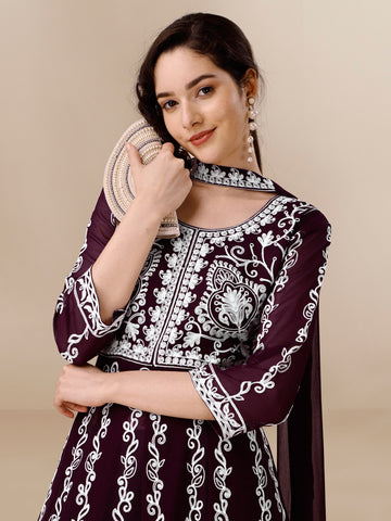 Wine Georgette Chikankari Embroidery Anarkali Kurta and Dupatta Set