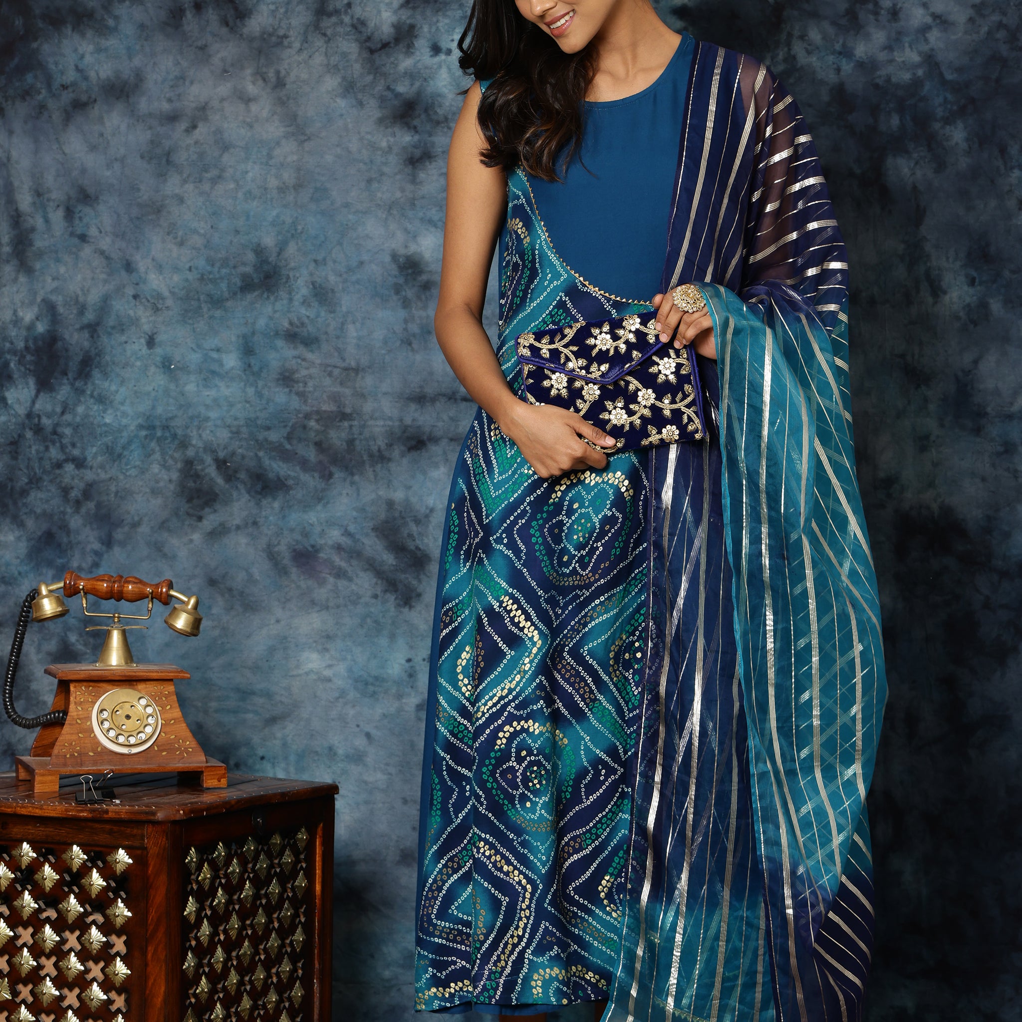 Youthnic Women's Rayon Bandhani Print Anarkali Kurta With Organza Dupatta Set