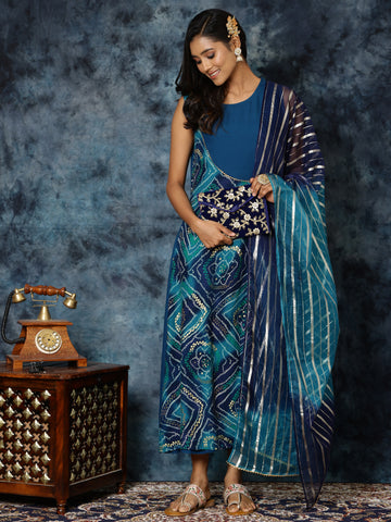 Youthnic Women's Rayon Bandhani Print Anarkali Kurta With Organza Dupatta Set