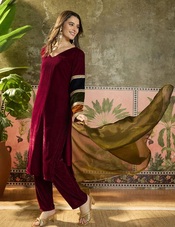 Maroon Velvet Embroidered Straight Kurta Pant With Dupatta Set