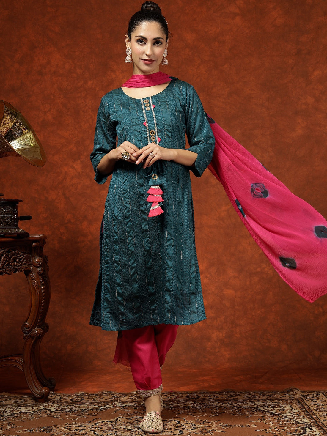 Teal Blue Silk Blend Zari Mirror Work Straight Kurta Pant and Dupatta Set