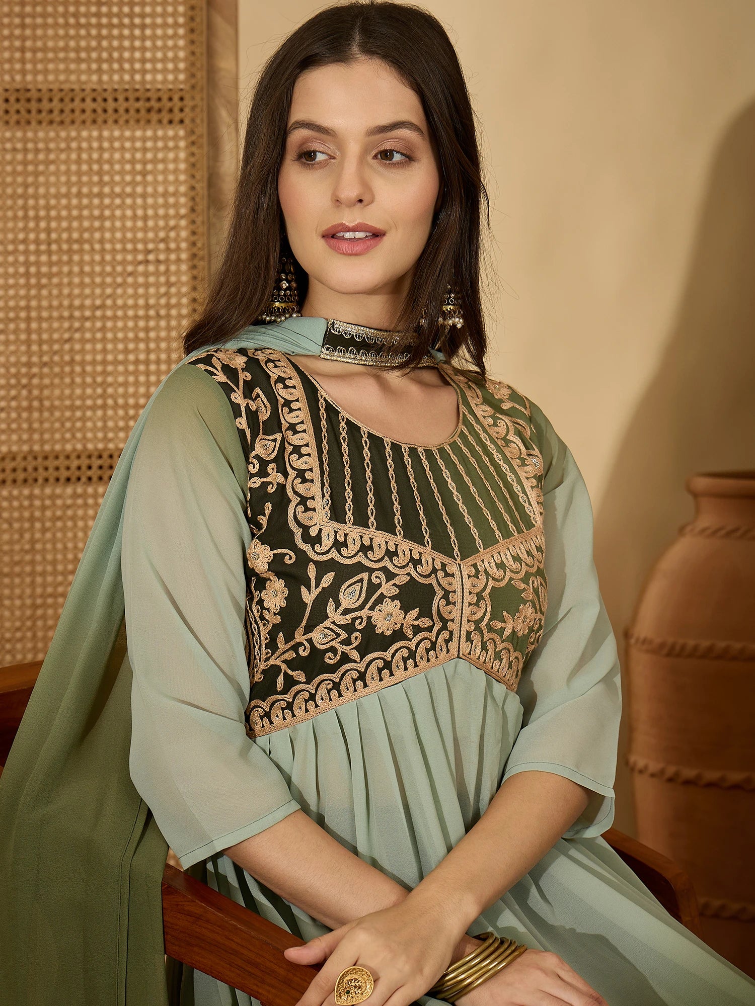 Dusty Green Georgette Alia cut Embroidered Anarkali Kurta Pant With Dupatta Set