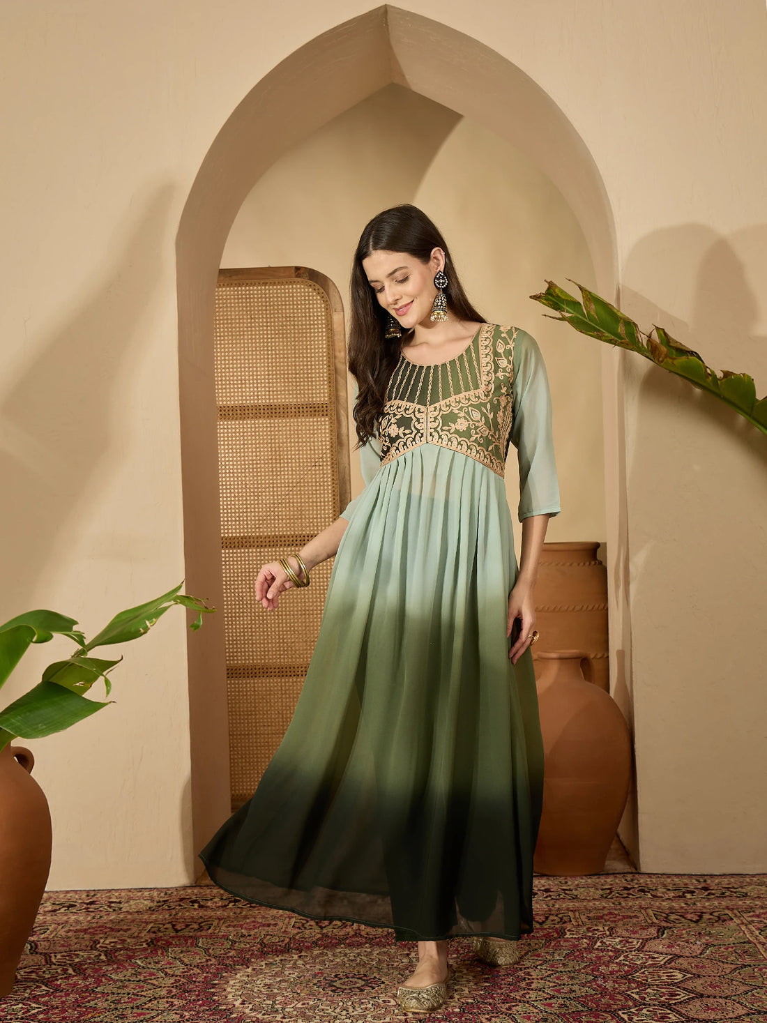 Dusty Green Georgette Alia cut Embroidered Anarkali Kurta Pant With Dupatta Set