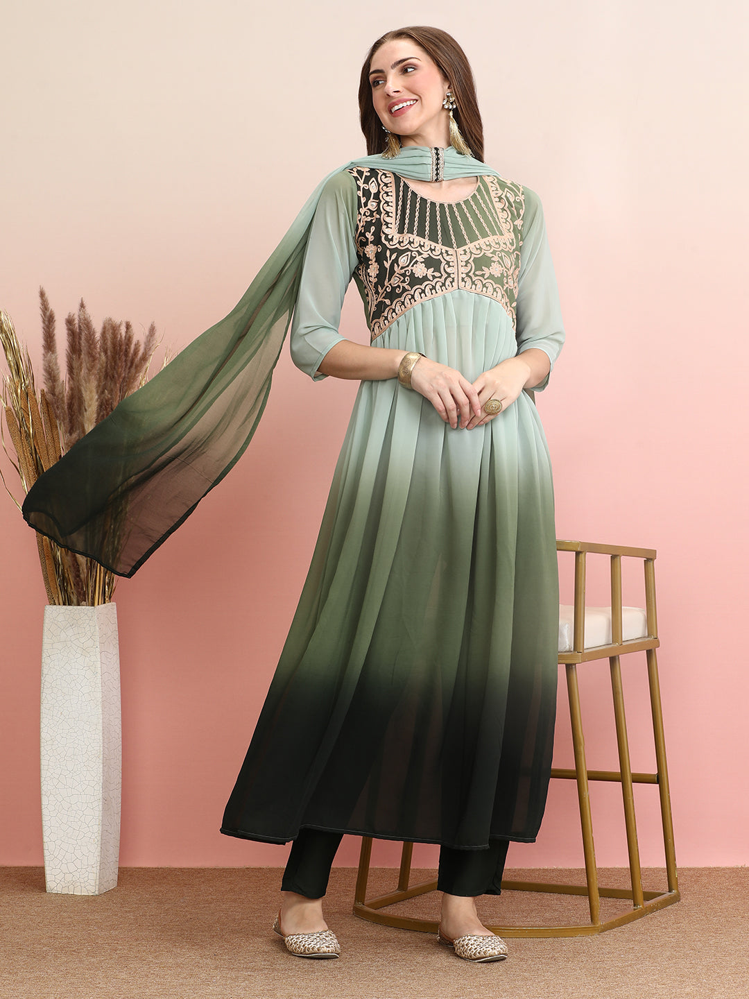 Georgette Alia cut Embroiderd Anarkali Kurta Pant With Dupatta Set