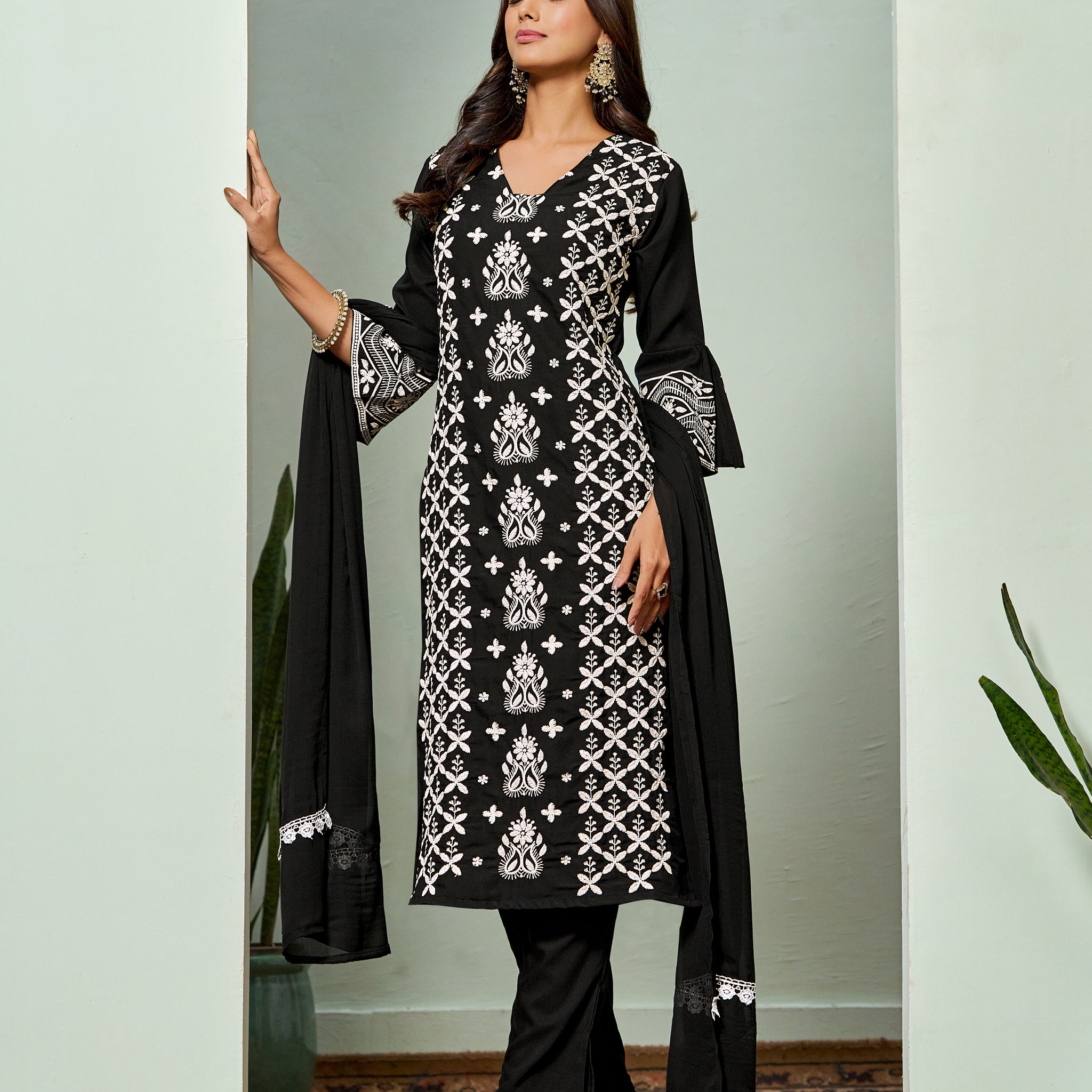 Black Rayon Chikankari Embroidery Straight Kurta Pant With Dupatta Set