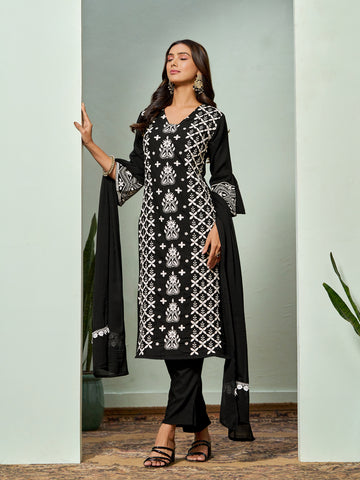 Black Rayon Chikankari Embroidery Straight Kurta Pant With Dupatta Set