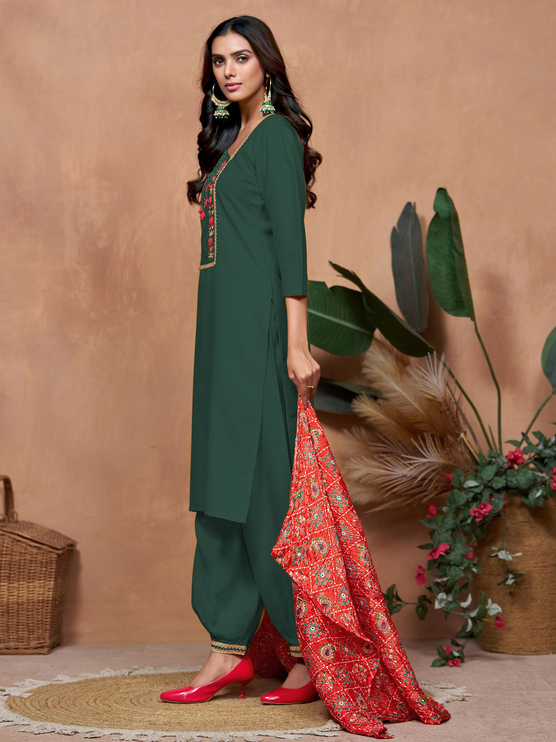 Green Cotton Blend Embroidered Kurta Salwar Set with Bandhani Dupatta