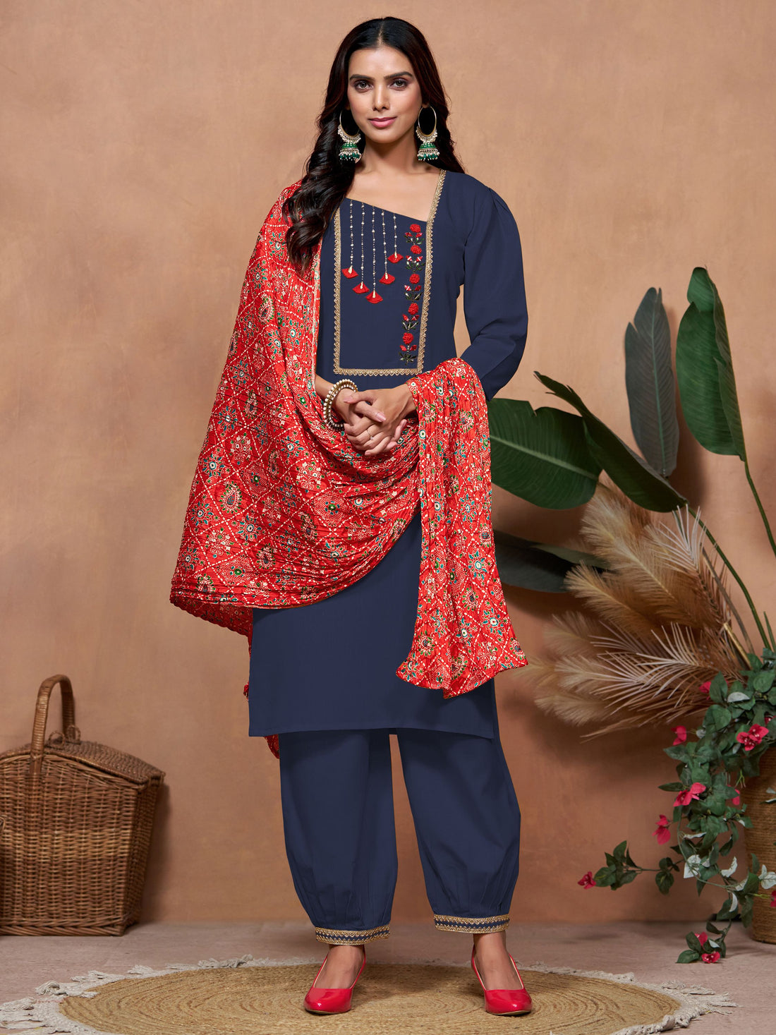 Navy Blue Cotton Blend Embroidered Kurta Salwar Set with Bandhani Dupatta