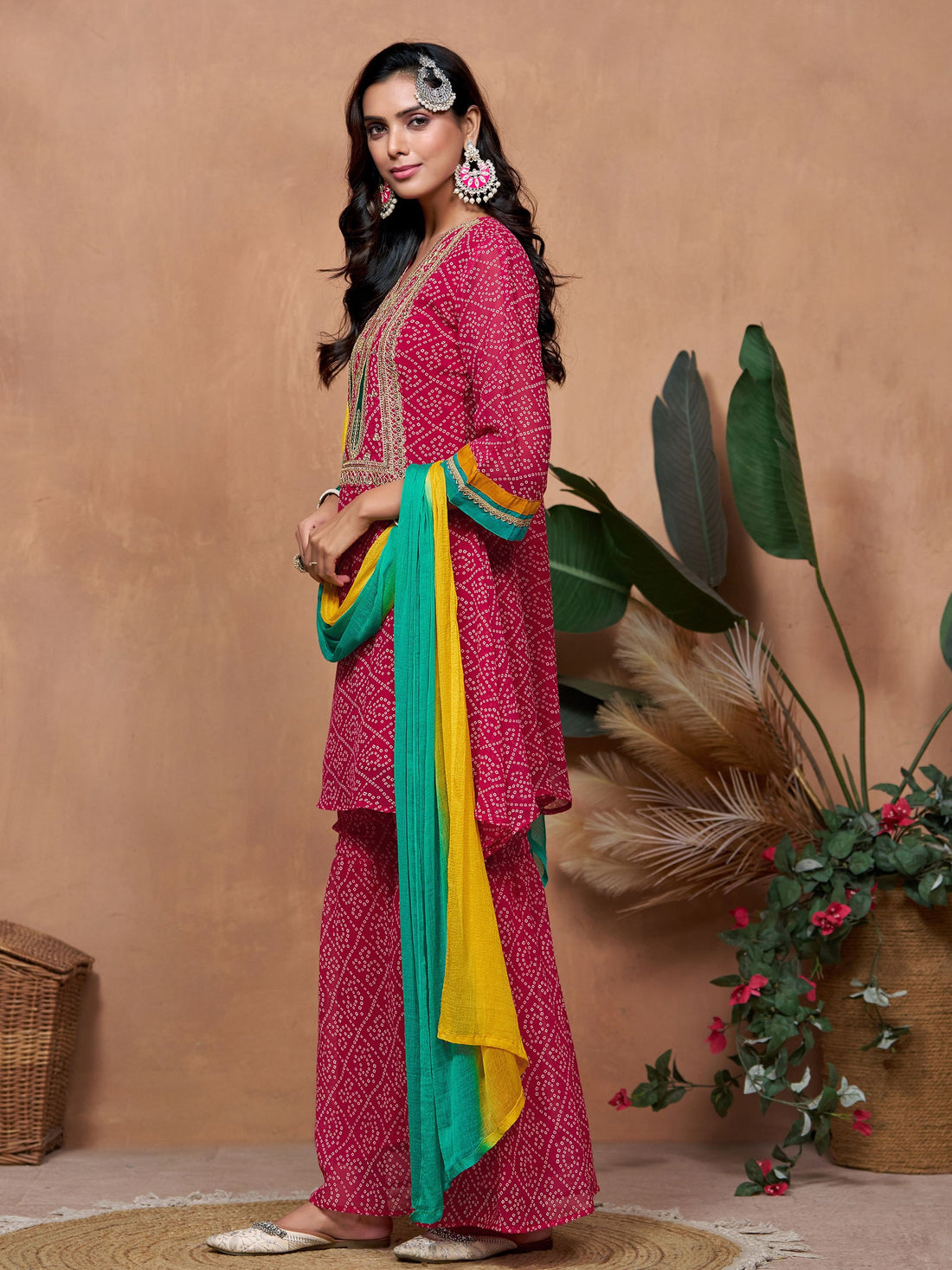 Georgette Bandhani Print and Embroidered Work Kurta Sharara and Dupatta Set