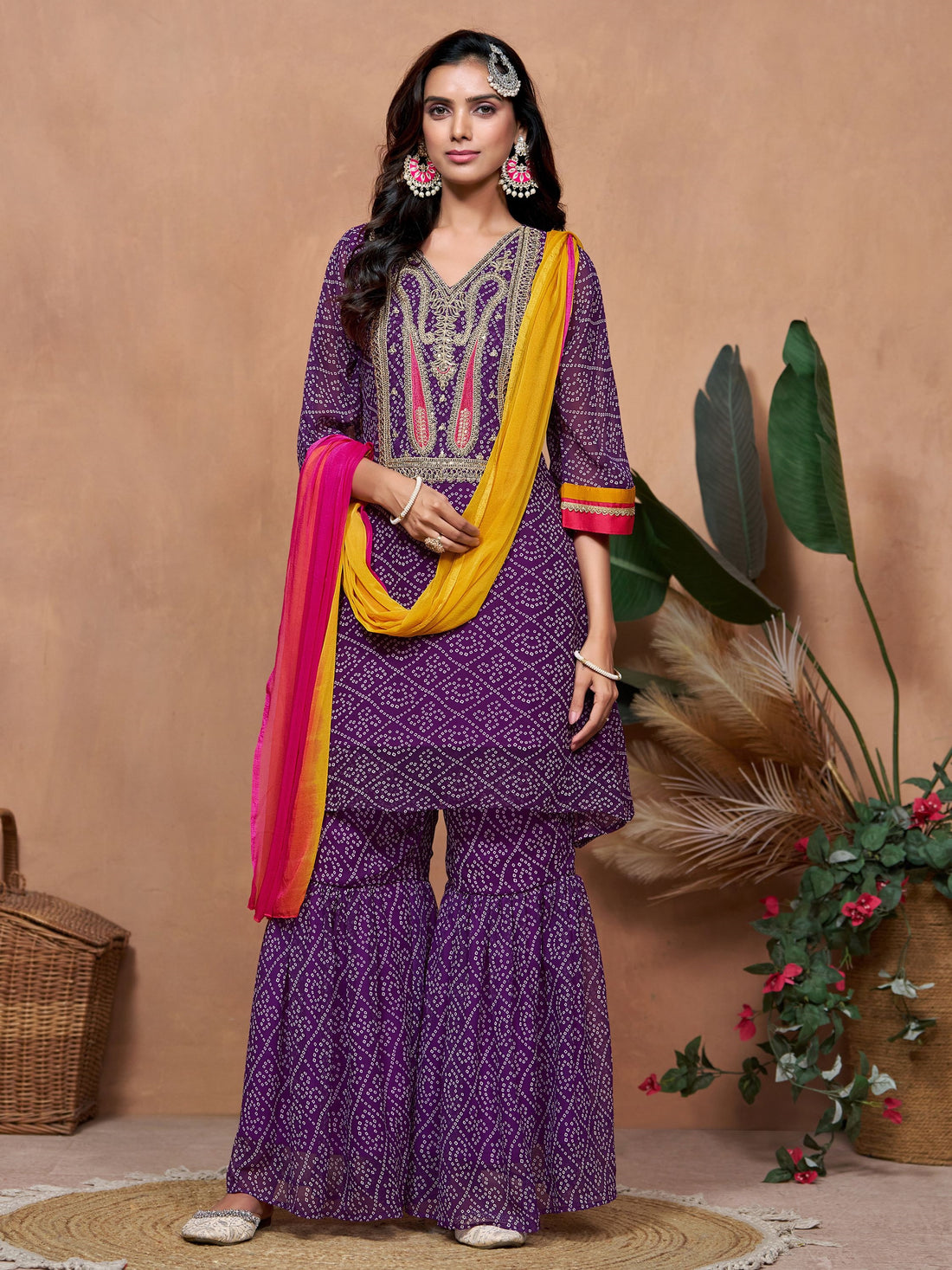 Purple Georgette Bandhani Print and Embroidered Work Kurta Sharara and Dupatta Set