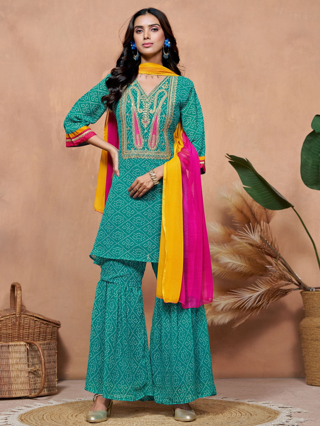 Rama Green Georgette Bandhani Print and Embroidered Work Kurta Sharara and Dupatta Set