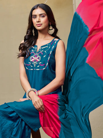 Teal Cotton Silk Embroidered Straight Kurta Sharara With Dupatta Set