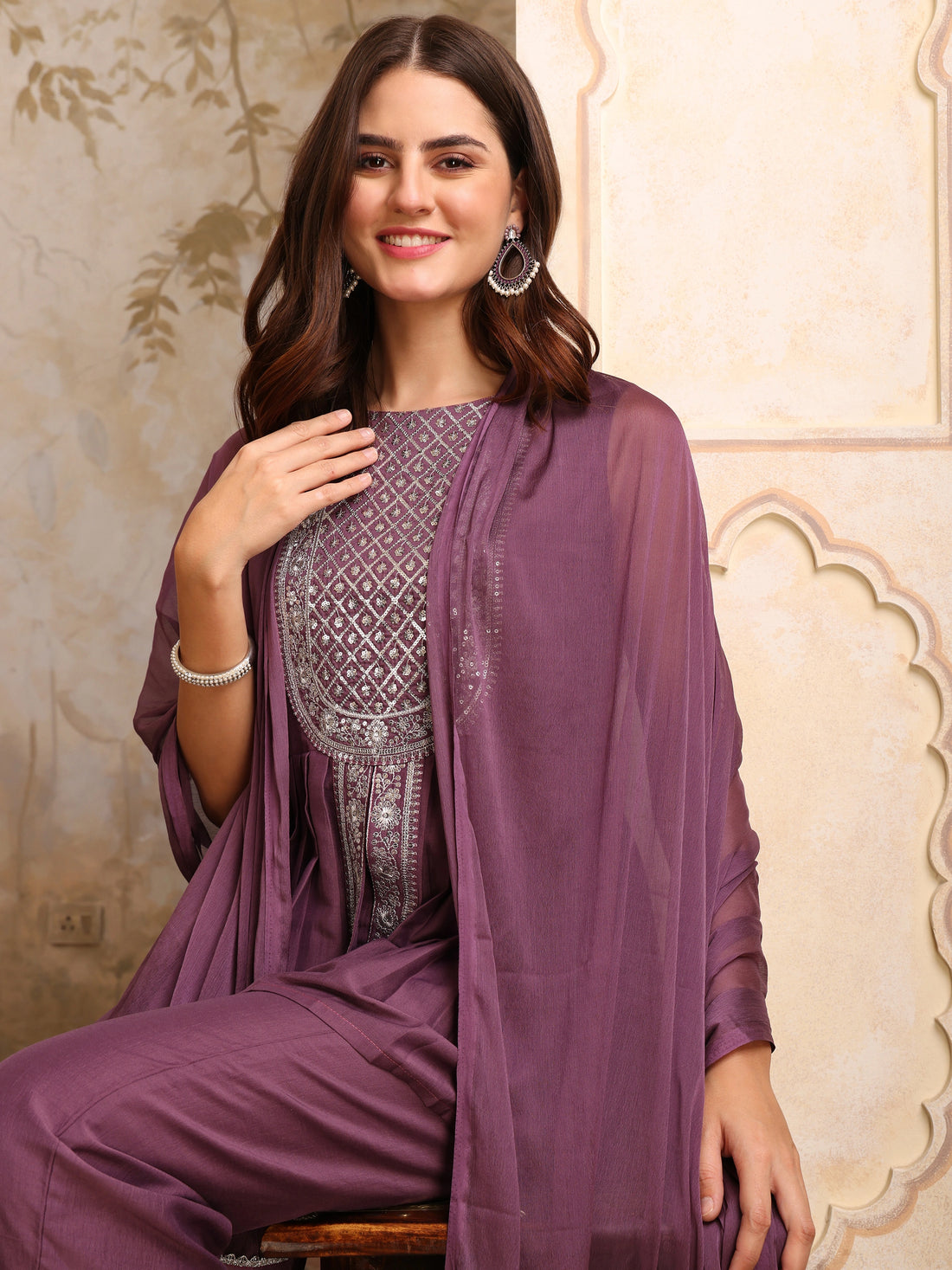 Lavender Chinnon Embroidered A-line Kurta Palazzo With Dupatta Set