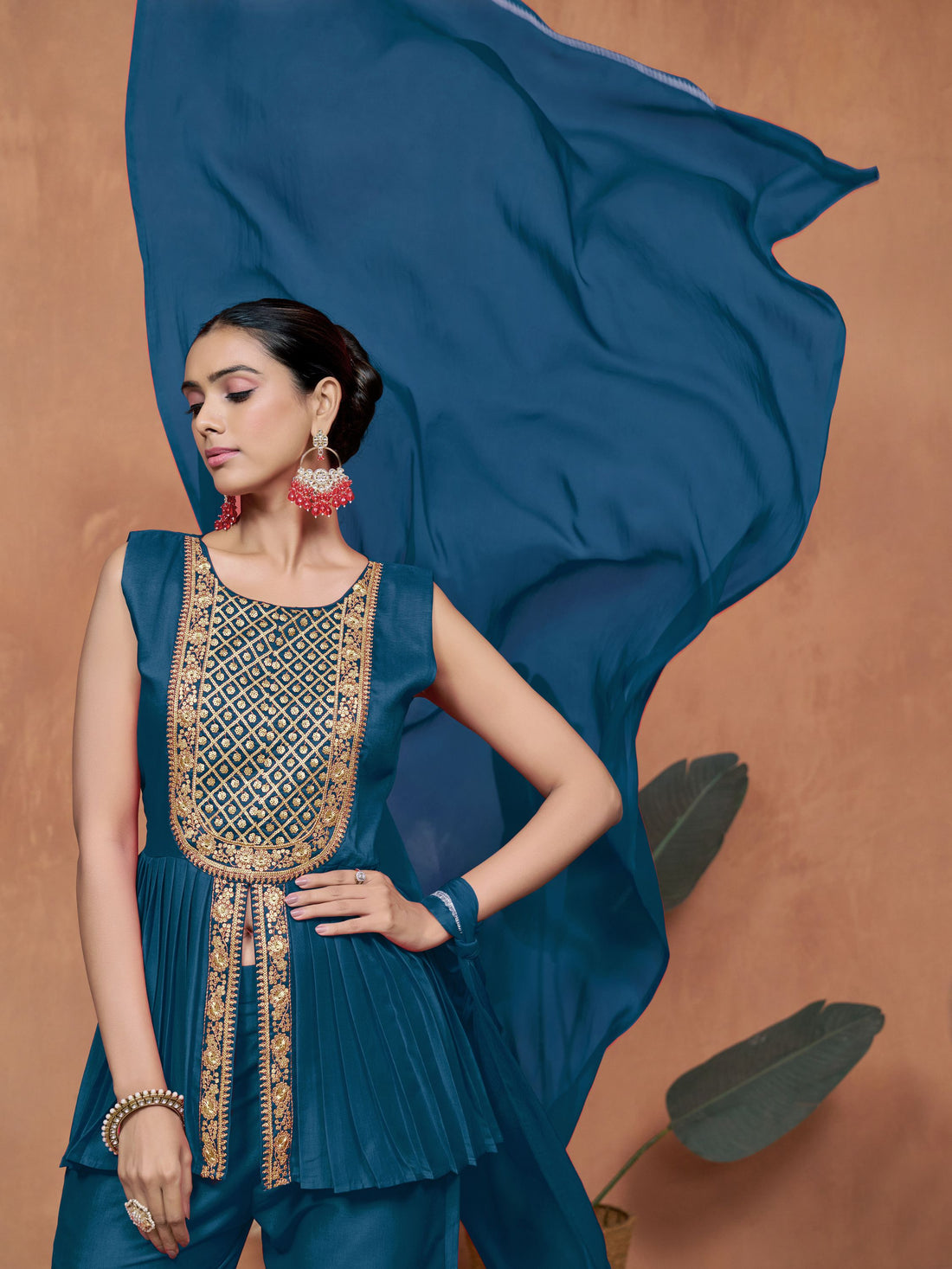 Teal Blue Chinnon Embroidered A-line Kurta Palazzo With Dupatta Set