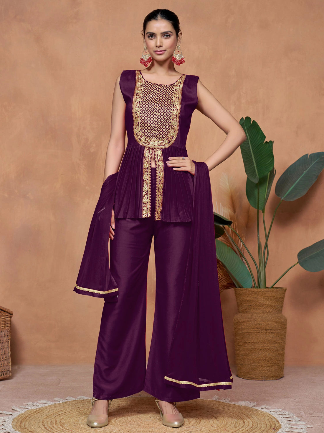 Wine Chinnon Embroidered A-line Kurta Palazzo With Dupatta Set