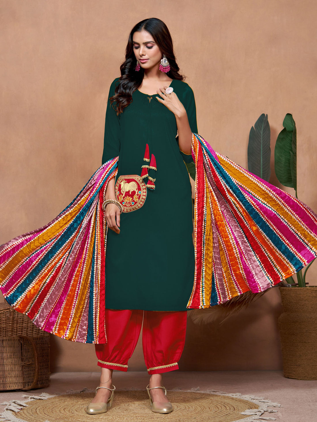 Green Chinon Pocket Embroidery Straight Kurta Salwar With Multicolor Bandhani Dupatta