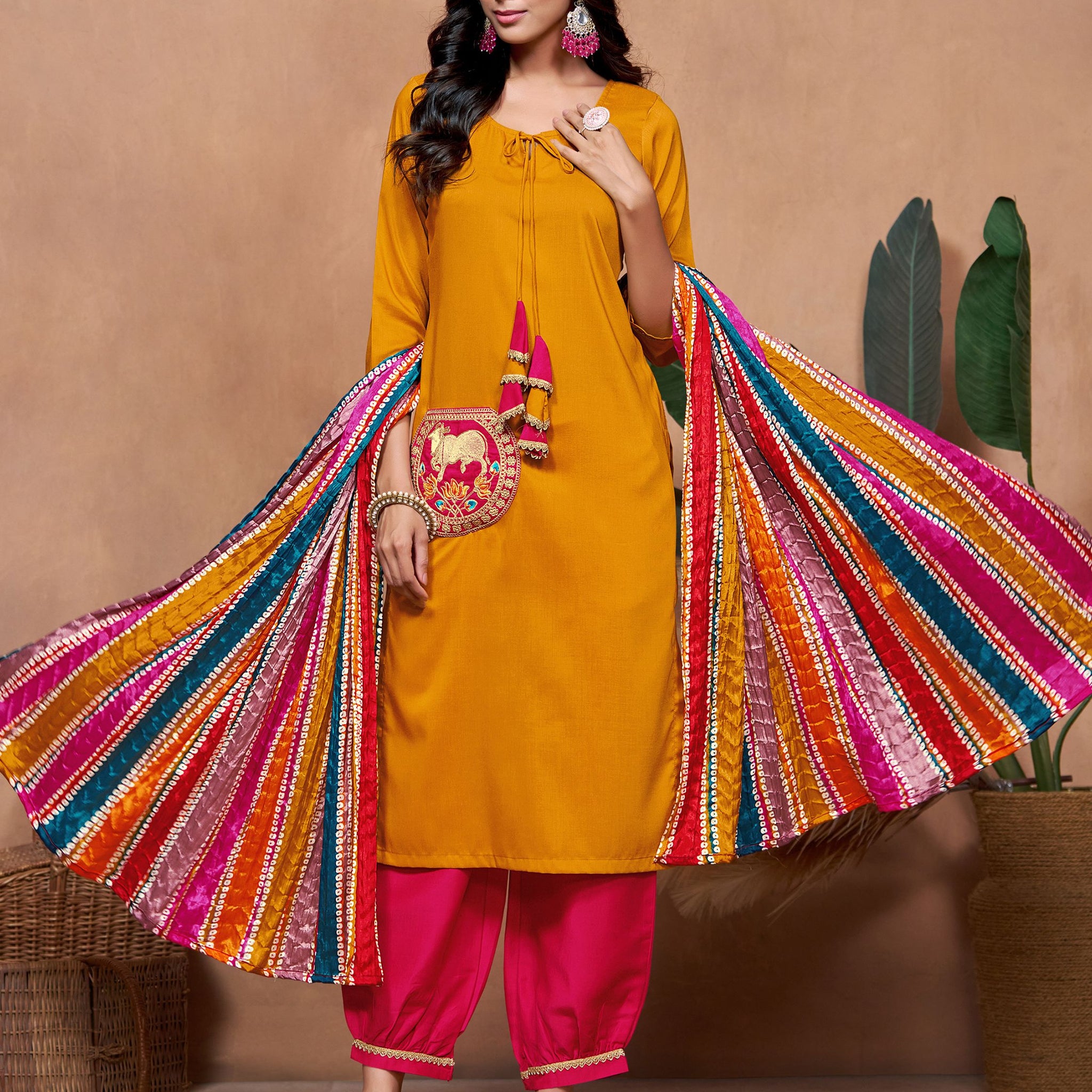 Chinon Pocket Embroidery Straight Kurta Salwar With Multicolor Bandhani Dupatta