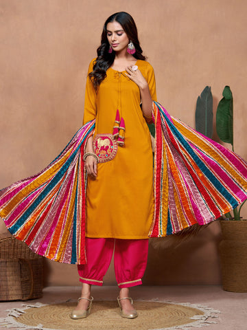 Chinon Pocket Embroidery Straight Kurta Salwar With Multicolor Bandhani Dupatta