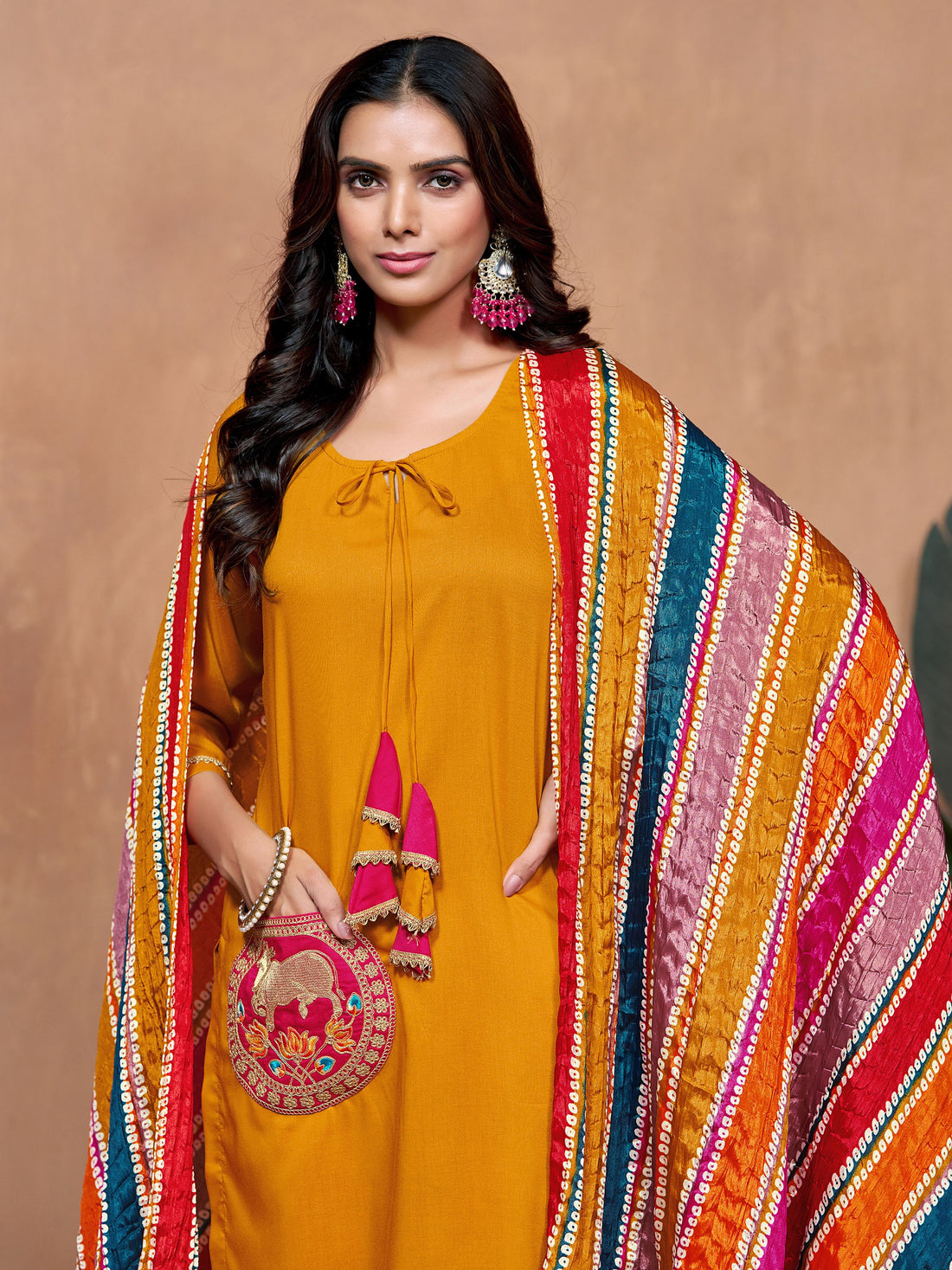 Chinon Pocket Embroidery Straight Kurta Salwar With Multicolor Bandhani Dupatta