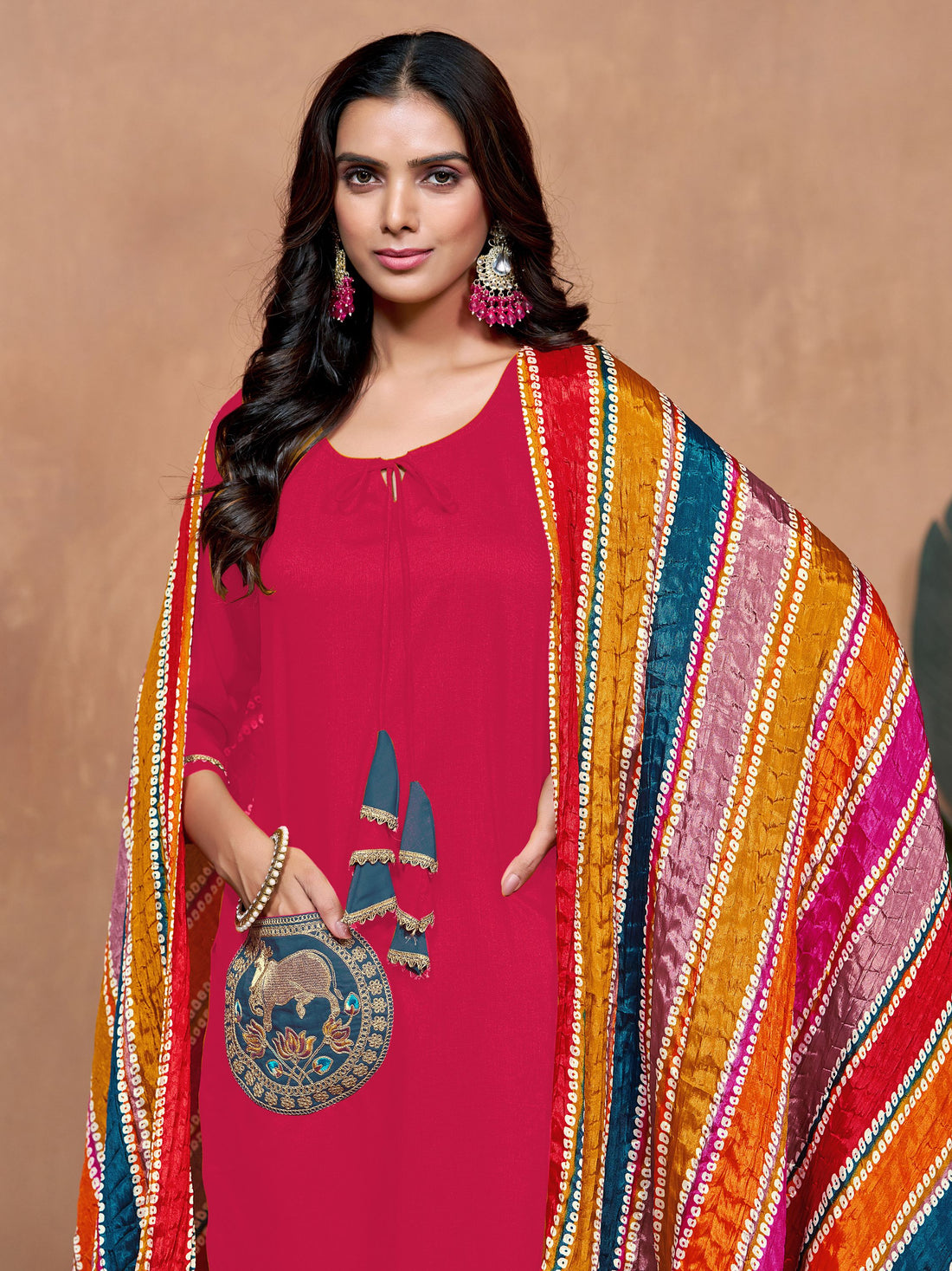 Pink Chinon Pocket Embroidery Straight Kurta Salwar With Multicolor Bandhani Dupatta