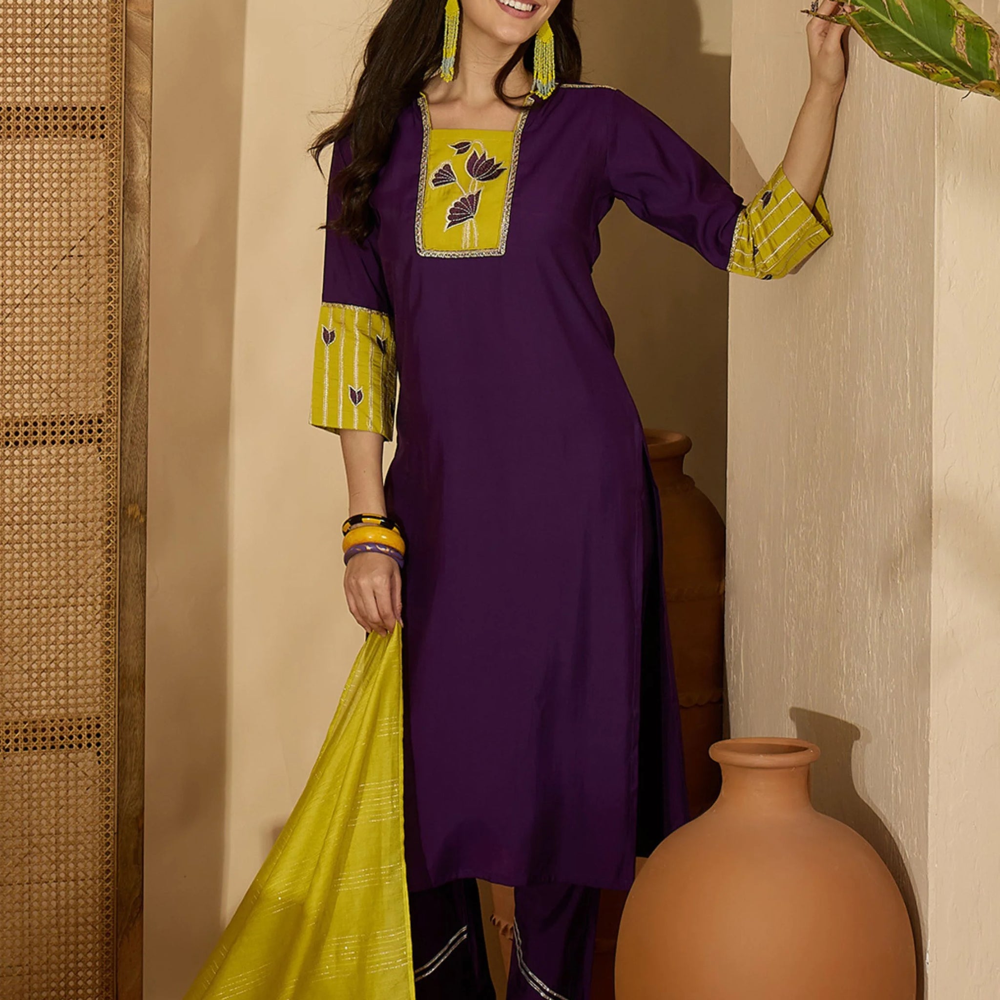 Purple Silk Blend Embroidered Straight Kurta Pant with Dupatta Set