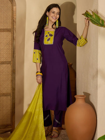 Purple Silk Blend Embroidered Straight Kurta Pant with Dupatta Set