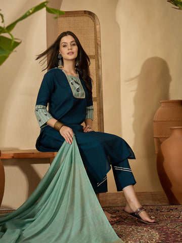 Teal Silk Blend Embroidered Straight Kurta Pant with Dupatta Set