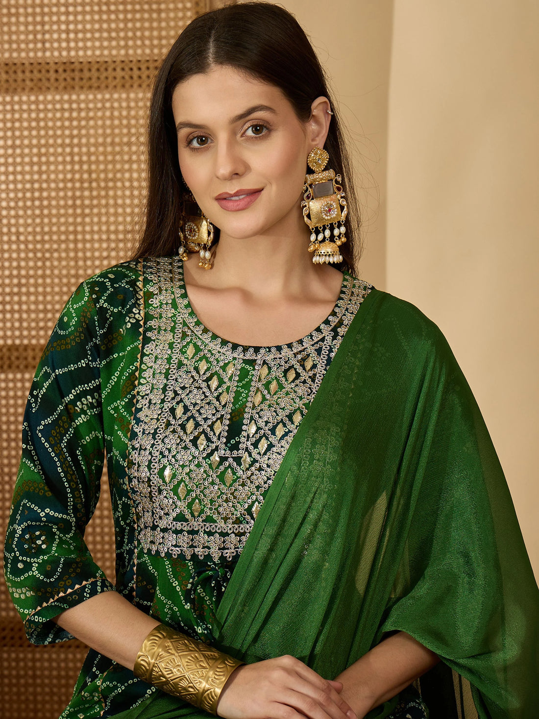 Green Pure Viscose Yoke Embroidery Bandhani Print Kurta Palazzo and Dupatta Set
