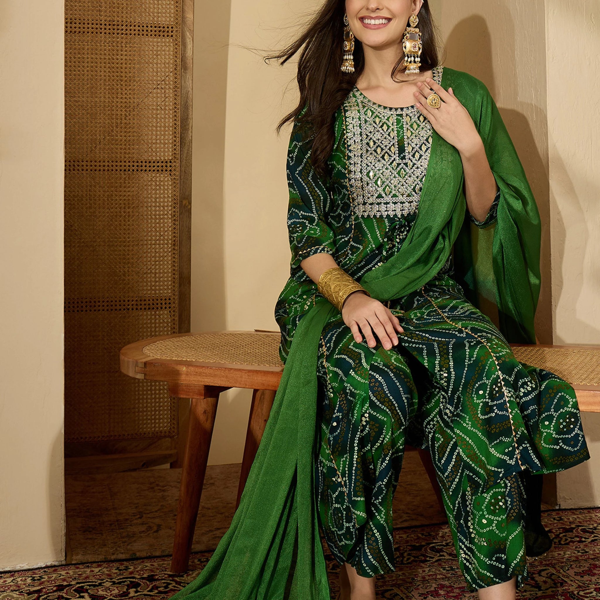 Green Pure Viscose Yoke Embroidery Bandhani Print Kurta Palazzo and Dupatta Set