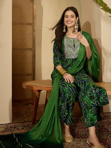 Green Pure Viscose Yoke Embroidery Bandhani Print Kurta Palazzo and Dupatta Set