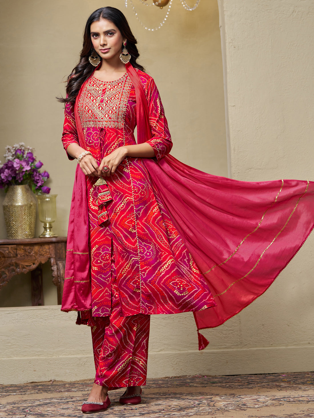 Pink Pure Viscose Bandhani Print and Embroidered Work Kurta Palazzo and Dupatta Set