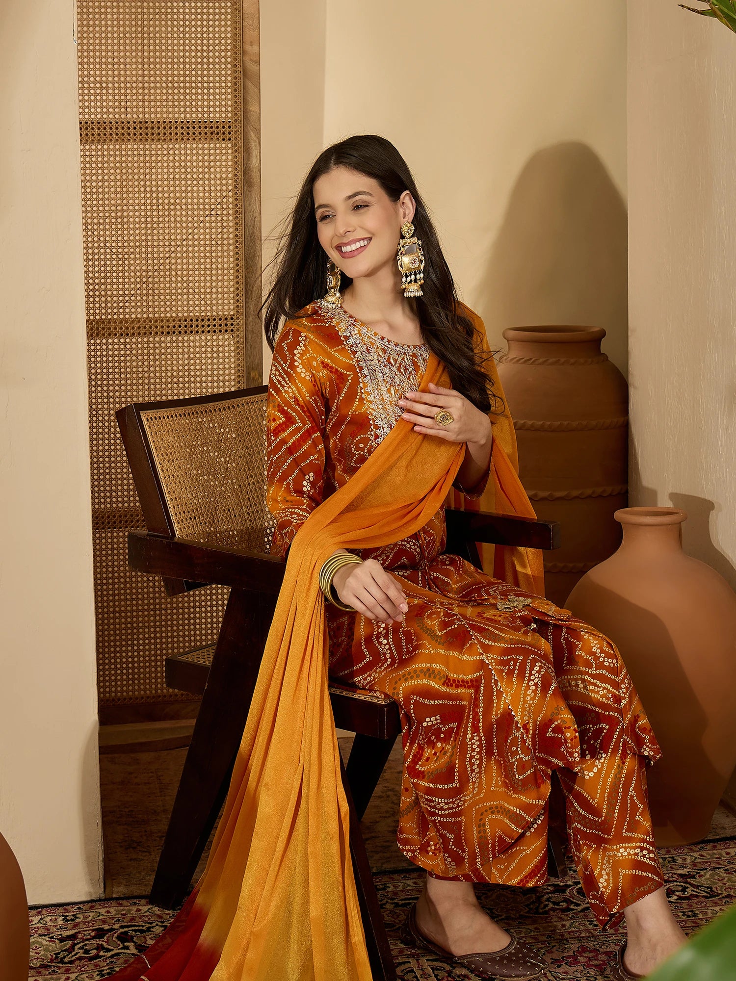 Mustard Pure Viscose Yoke Embroidery Bandhani Print Kurta Palazzo and Dupatta Set