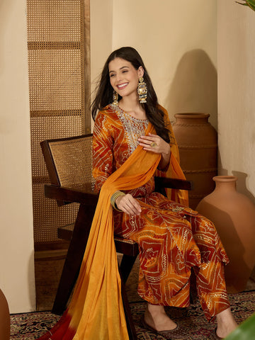Mustard Pure Viscose Yoke Embroidery Bandhani Print Kurta Palazzo and Dupatta Set