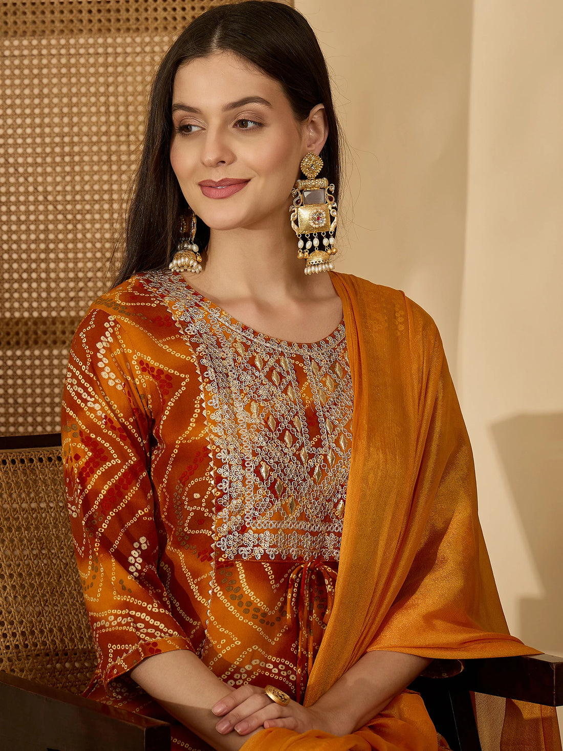 Mustard Pure Viscose Yoke Embroidery Bandhani Print Kurta Palazzo and Dupatta Set
