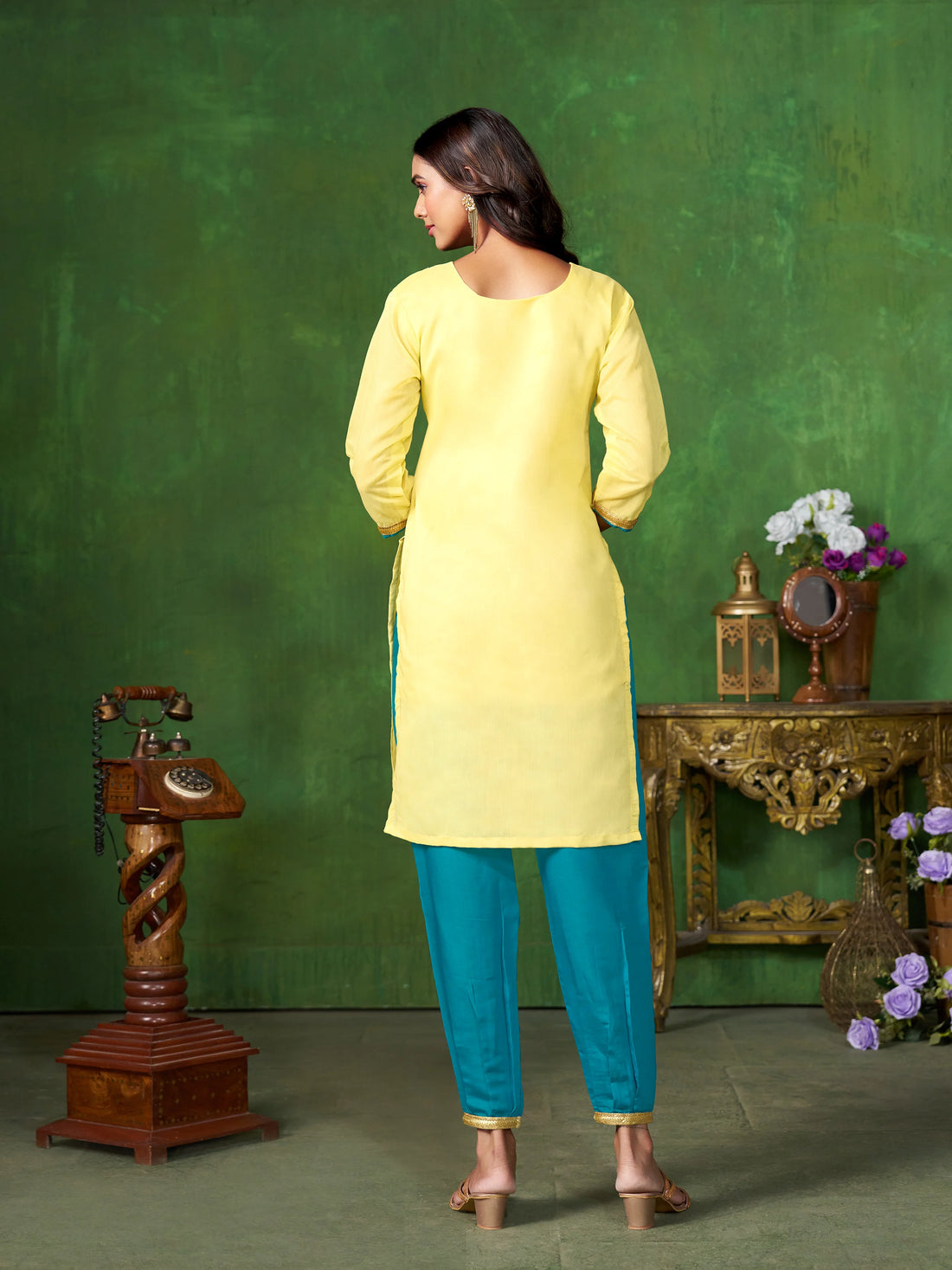Yellow Chanderi Silk Embroidered Straight Kurta Salwar With Potli bag
