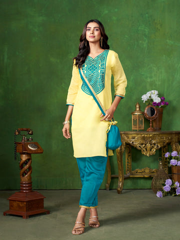 Yellow Chanderi Silk Embroidered Straight Kurta Salwar With Potli bag