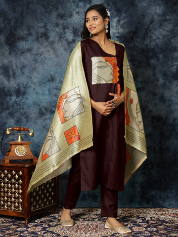 Brown Cotton Blend Digital Print Kurta Pant With Assam Silk Dupatta