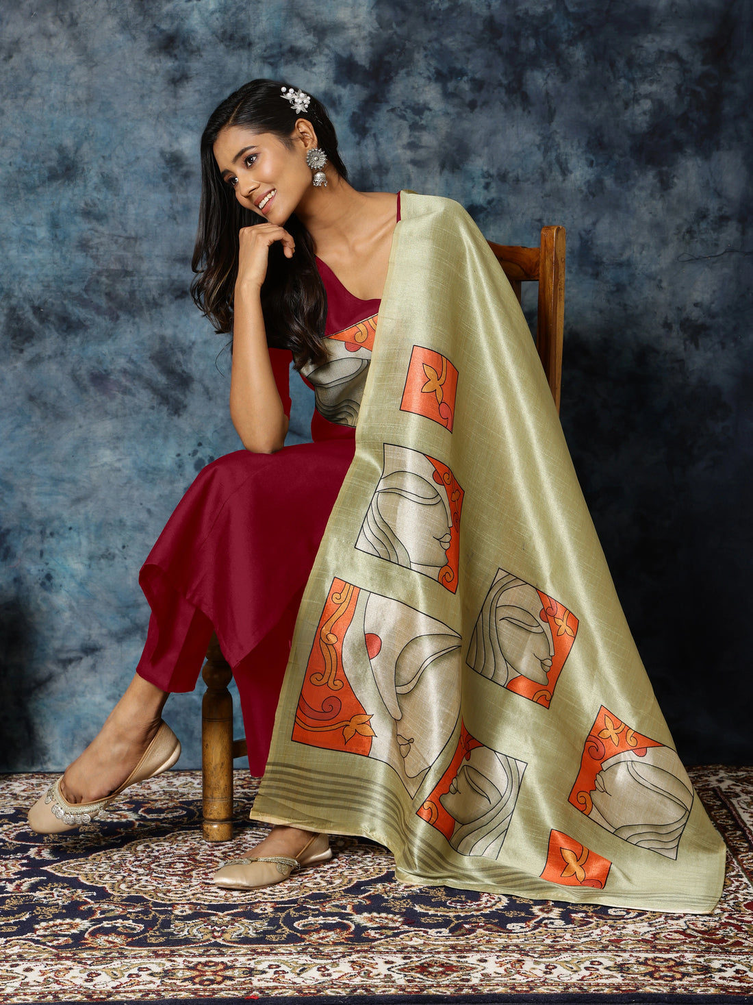 Cherry Red Cotton Blend Digital Print Kurta Pant With Assam Silk Dupatta