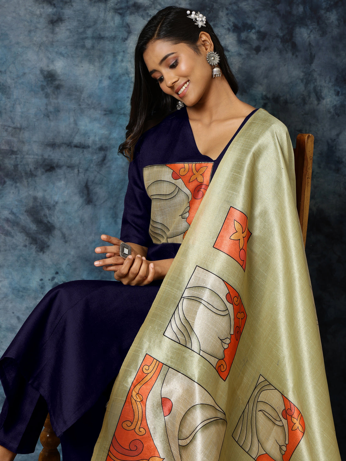 Navy Blue Cotton Blend Digital Print Kurta Pant With Assam Silk Dupatta