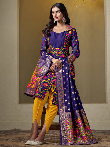 Youthnic Women's Cotton Blend Brocade Straight Kurta Dhoti With Dupatta Set