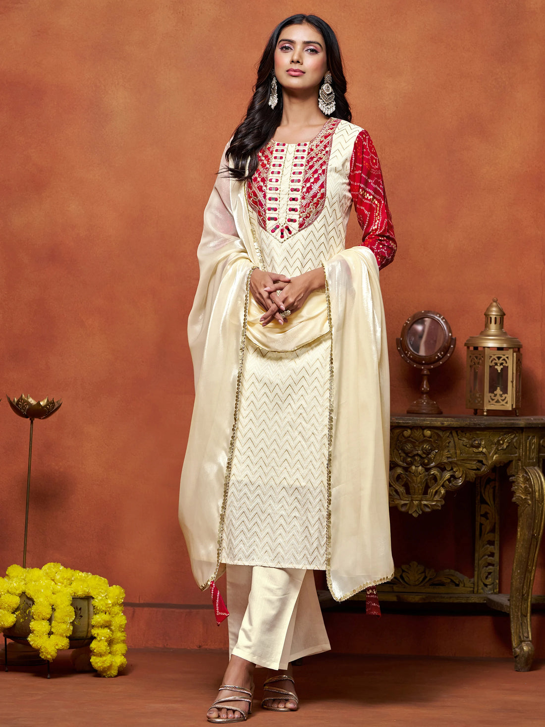 Pure Cotton White & Red Embroidered and Bandhani Straight Kurta Pant With Dupatta Set