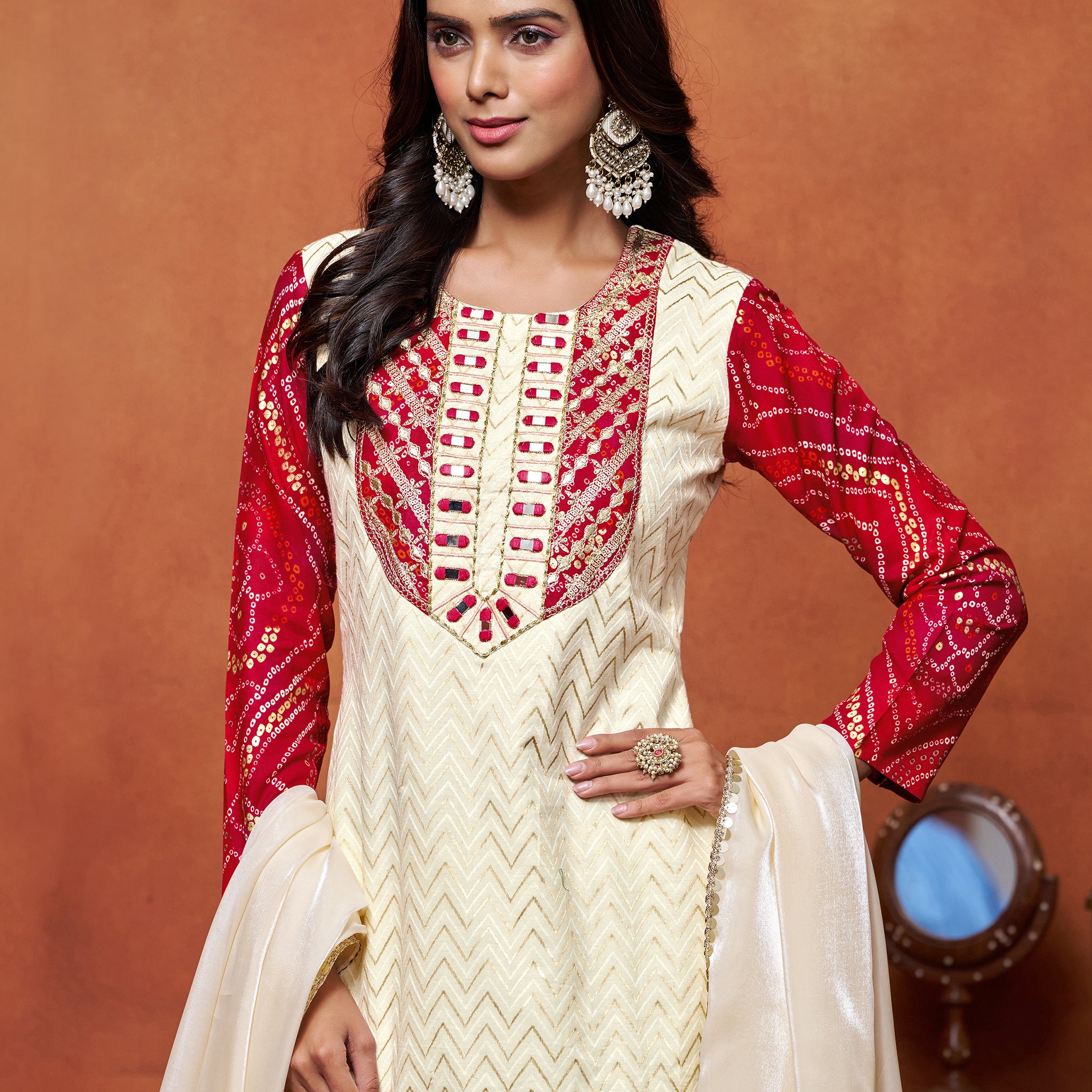 Pure Cotton White & Red Embroidered and Bandhani Straight Kurta Pant With Dupatta Set