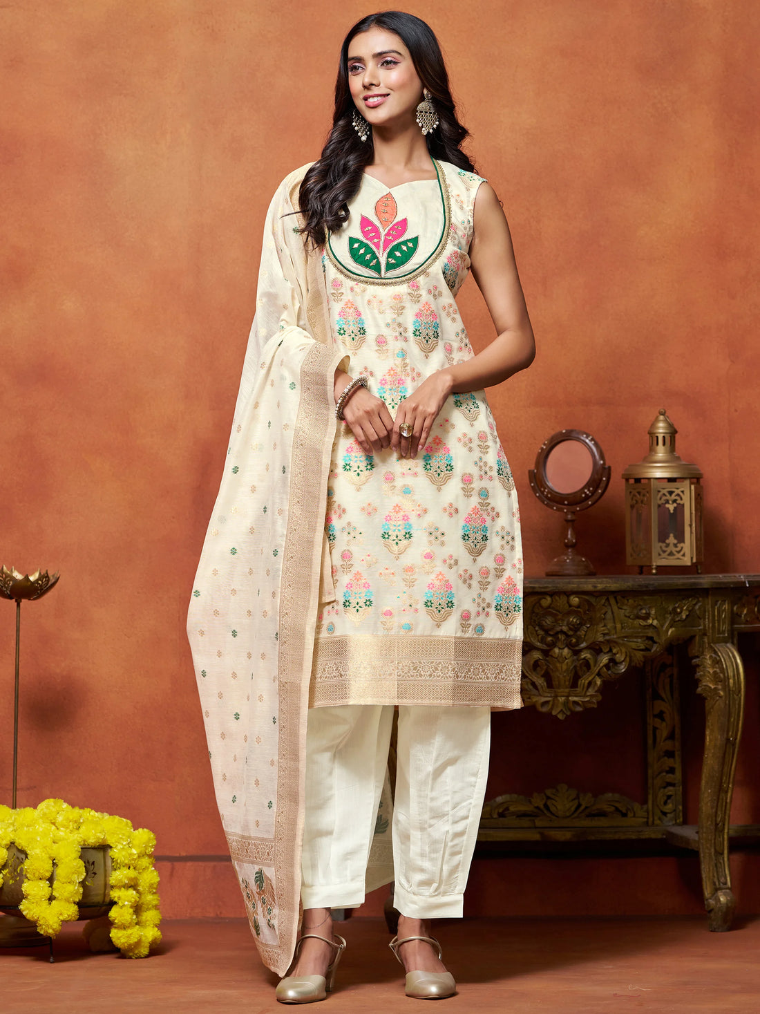 Off White Chanderi Silk Embroidered Sleeveless Kurta With Afghani Pant And Banarasi Dupatta Set