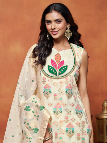 Off White Chanderi Silk Embroidered Sleeveless Kurta With Afghani Pant And Banarasi Dupatta Set