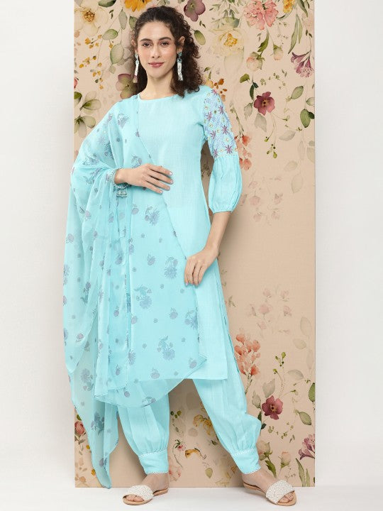 Cotton Blend Embroidery Kurta Pant Dupatta Set